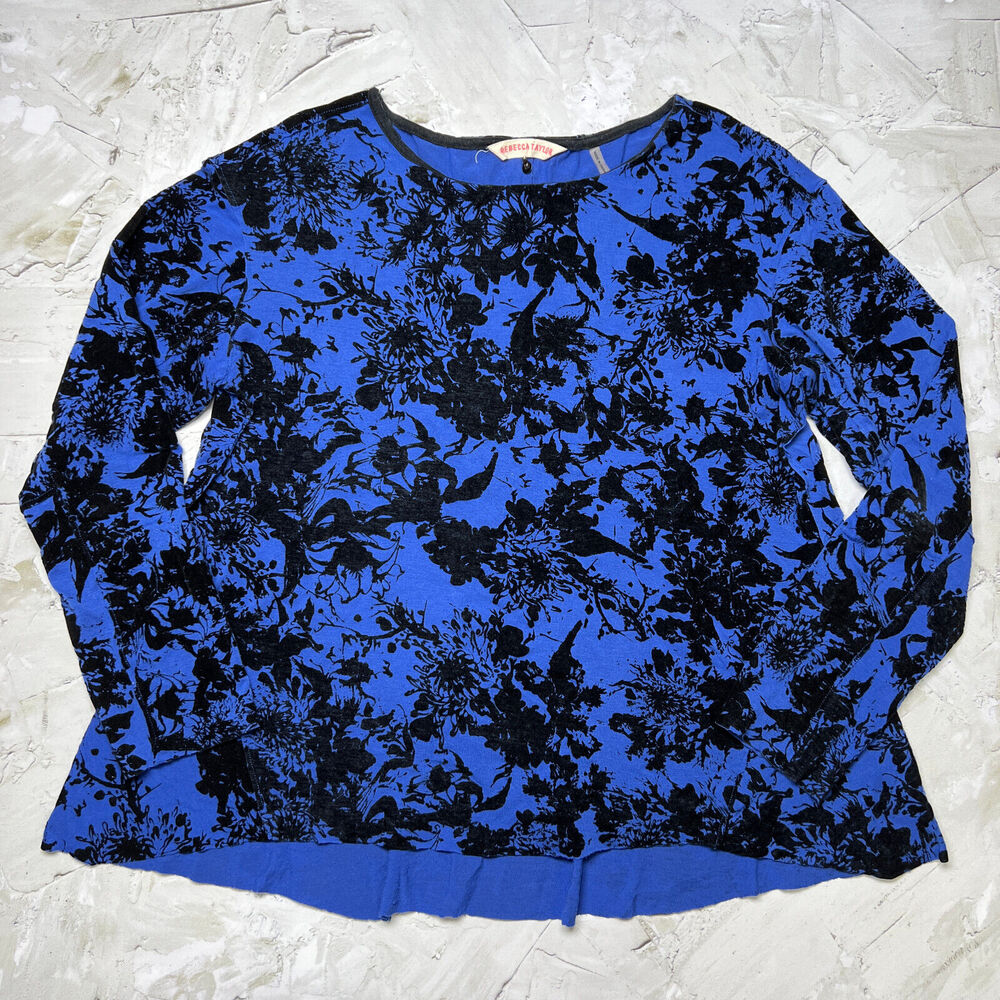 Rebecca Taylor Velvet Floral Blouse SIZE M Blue Black Long Sleeve Textured Top